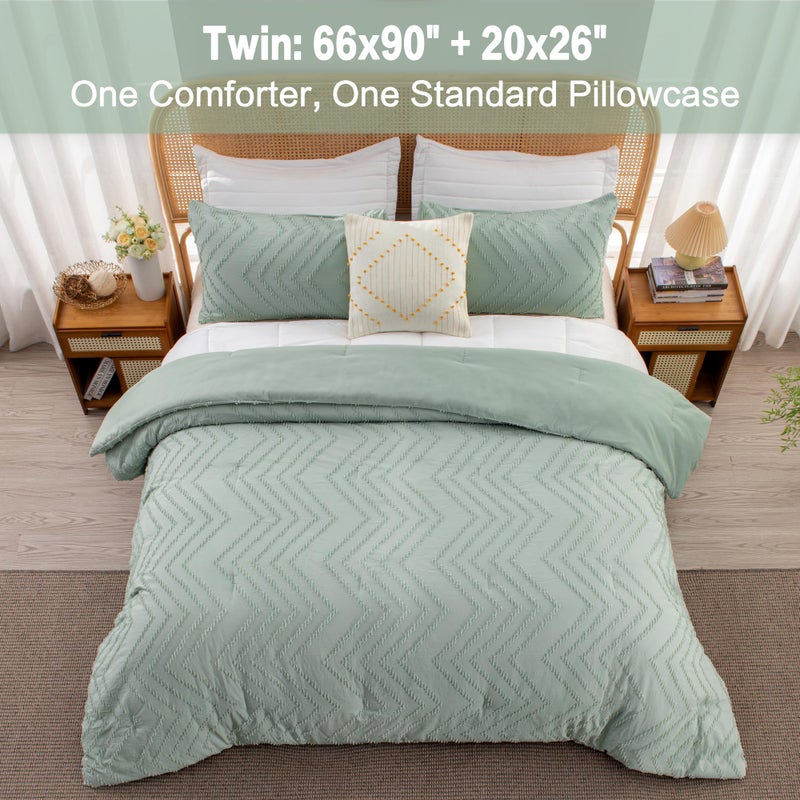 Litanika طقم لحاف Litanika Sage Green مقاس توأم/توأم مقاس XL، طقم لحاف معنقدة من قطعتين بوهو شيفرون، طقم سرير لجميع المواسم (لحاف مقاس 66 × 90 بوصة وغطاء وسادة واحد) - Image 3